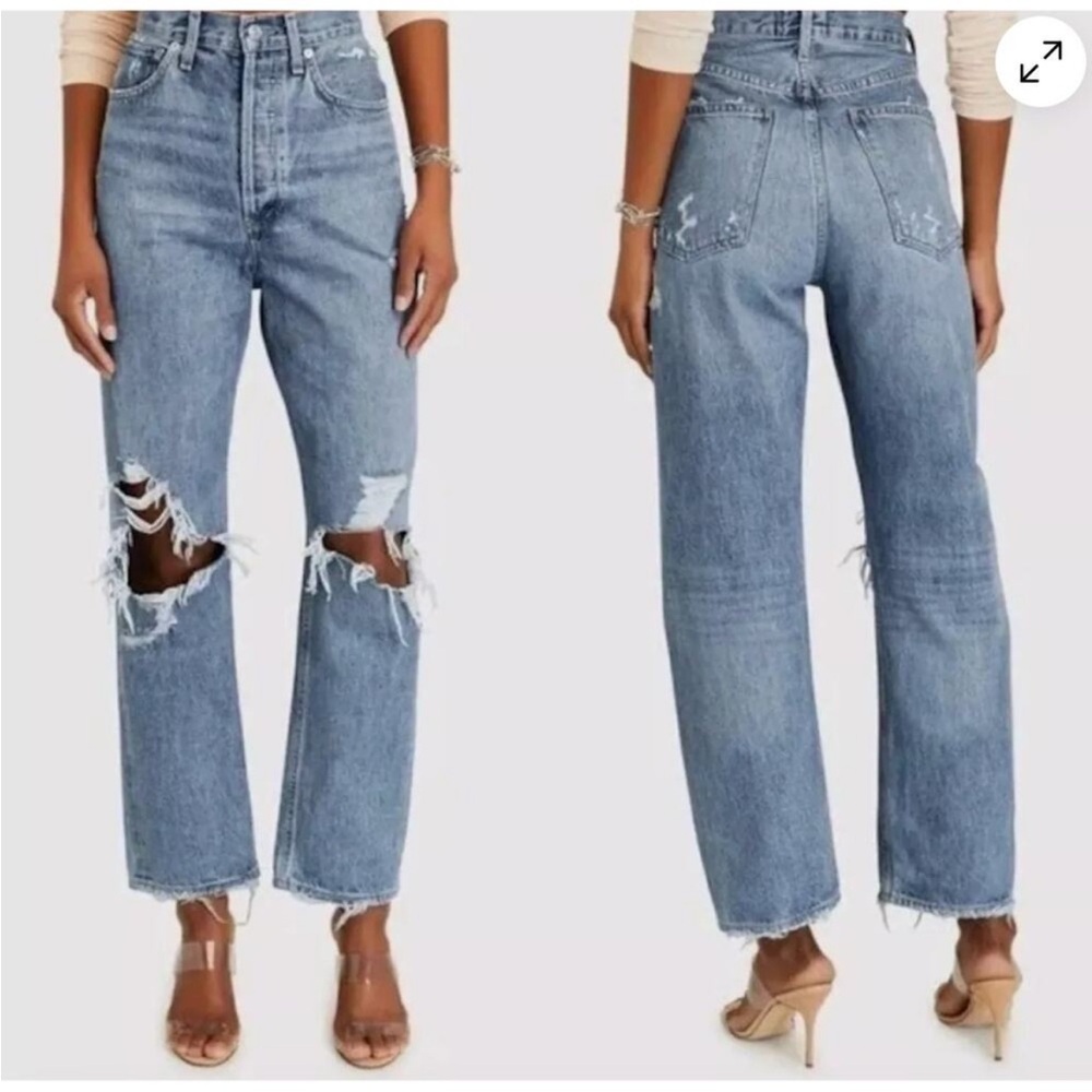 AGOLDE Blue Denim 90s Mid Rise Loose Fit Distressed